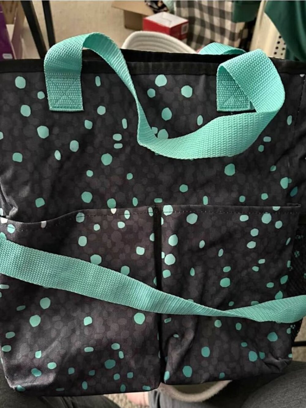 Black & Mint Polka Dot Multi-Pocket Tote Bag with Shoulder Strap